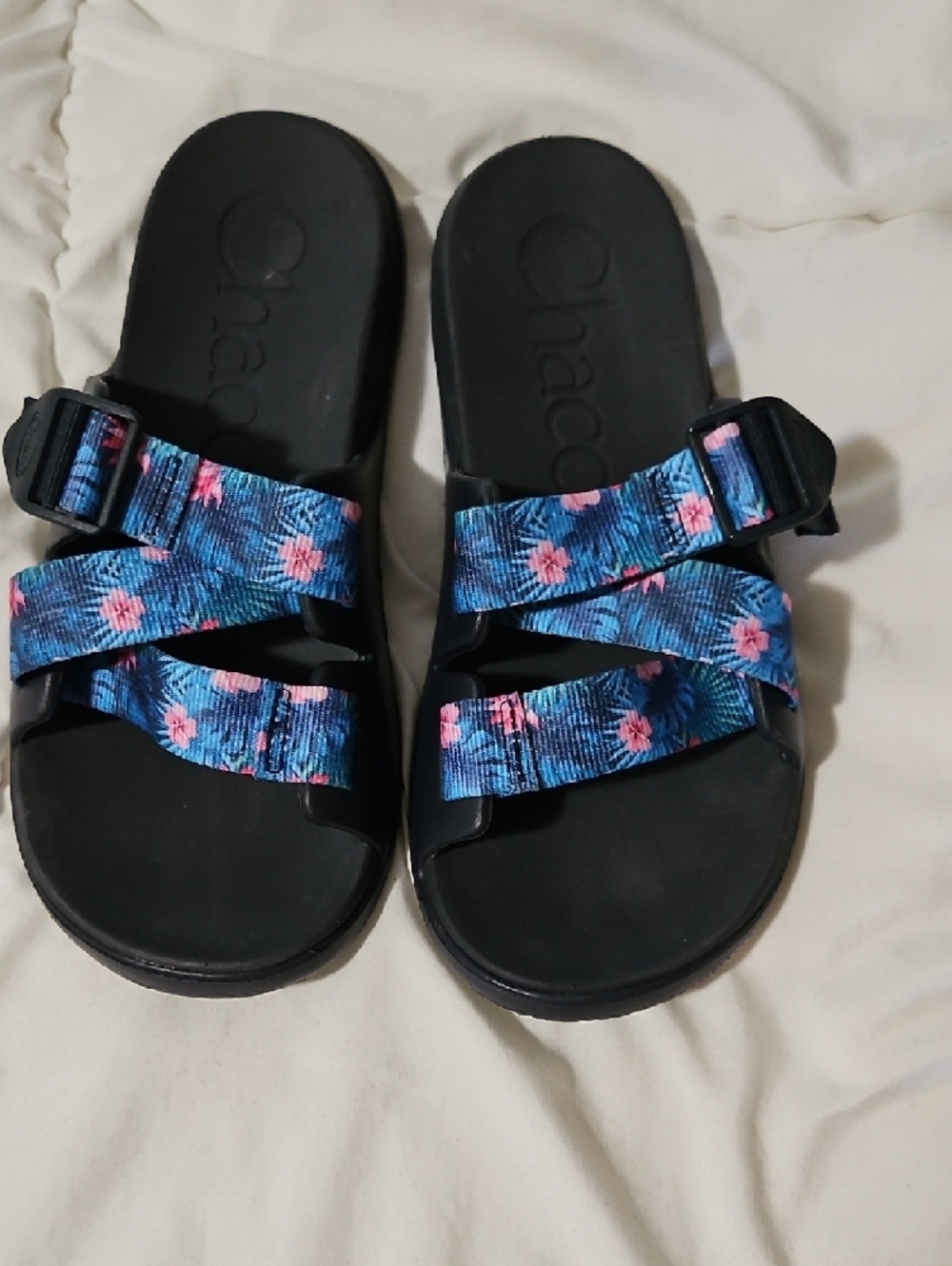 Chaco Black Slide Sandals with Blue Floral Straps - Picture 4 of 4